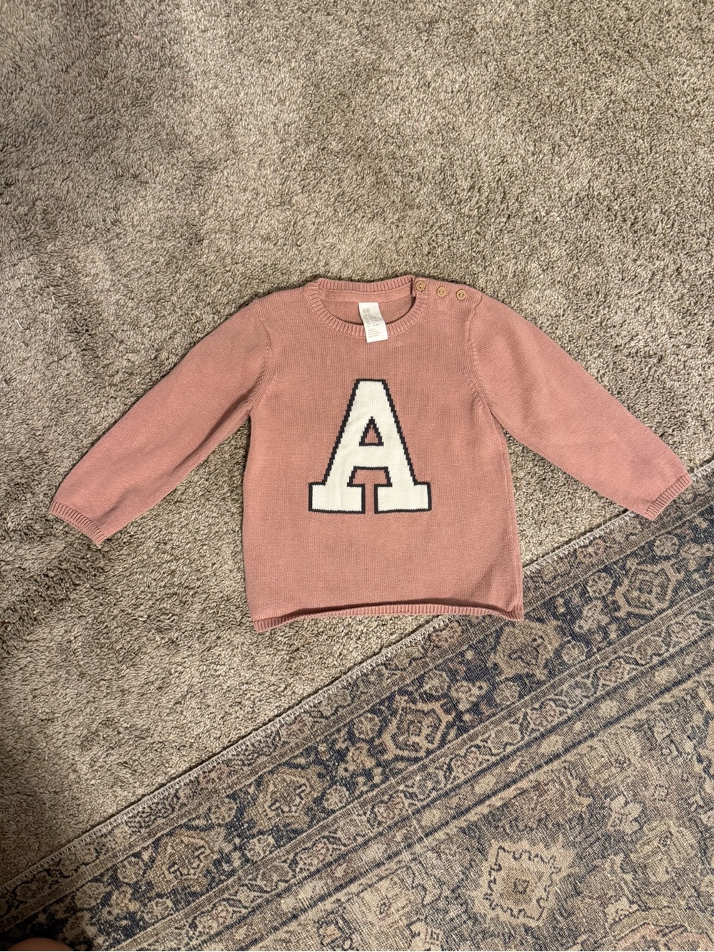 H&M Girls Dusty Pink Knit Sweater with White 'A' Applique